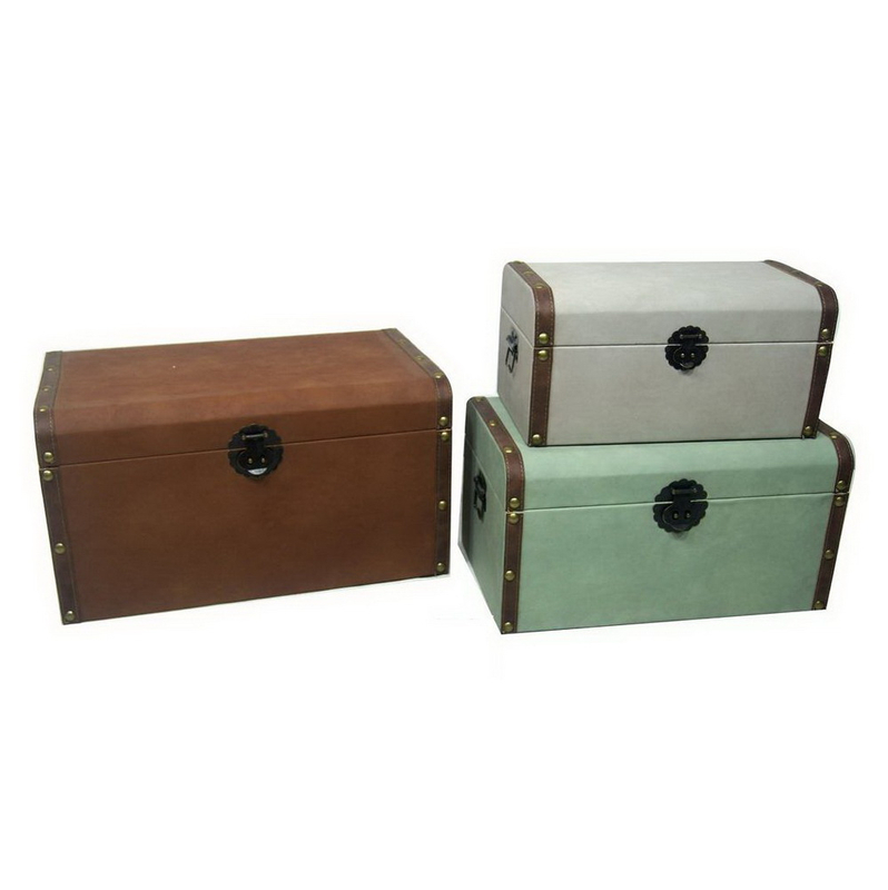 Canvas Surface with Decorative Leather Belts MDF Wooden Storage Chest