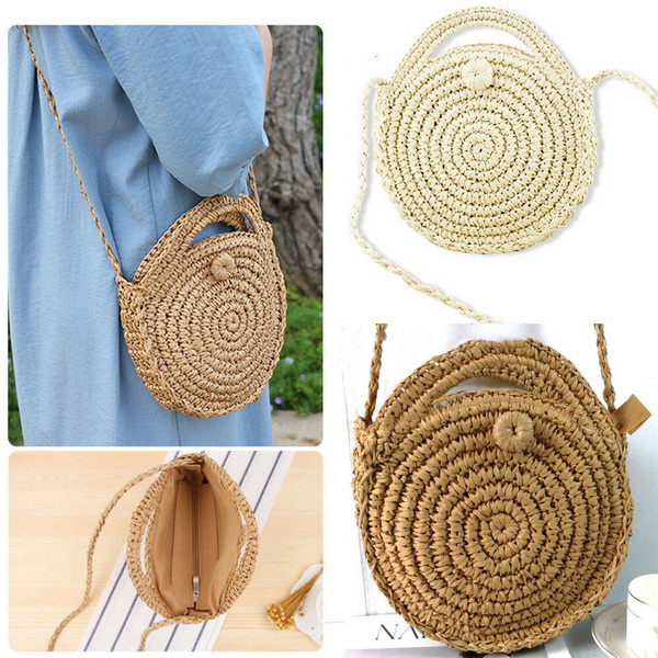 Handmade Round Straw Weave Bag For Lady Shoulder Beach Bag Handbag ...