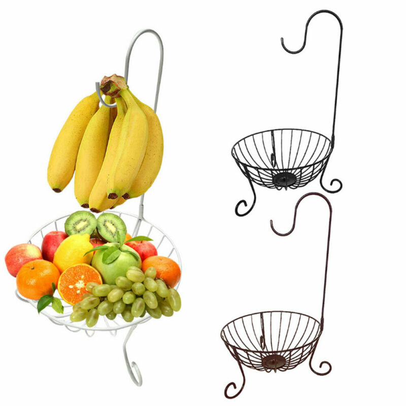 Decorative 11in Round Fruit Vegetable Chrome Wire Basket Metal Bowl With Banana Holder