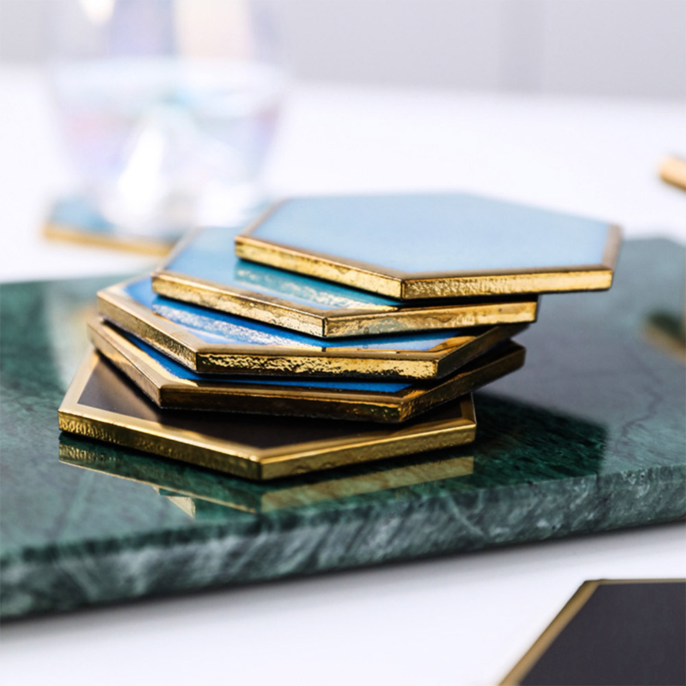 Nordic Hexagon Gold-plated Ceramic Placemat Heat Insulation Coaster Porcelain Mats Pads 