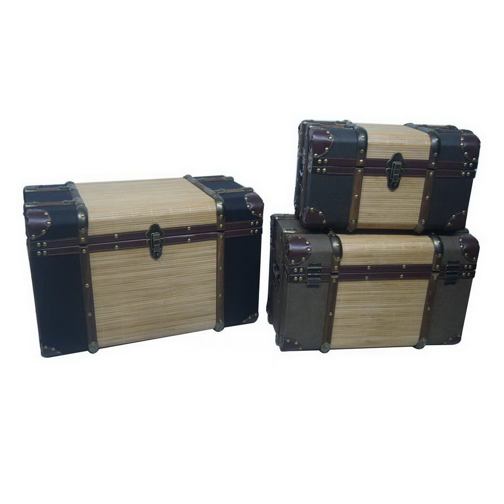 Canvas Surface with Decorative Leather Belts MDF Wooden Storage Chest