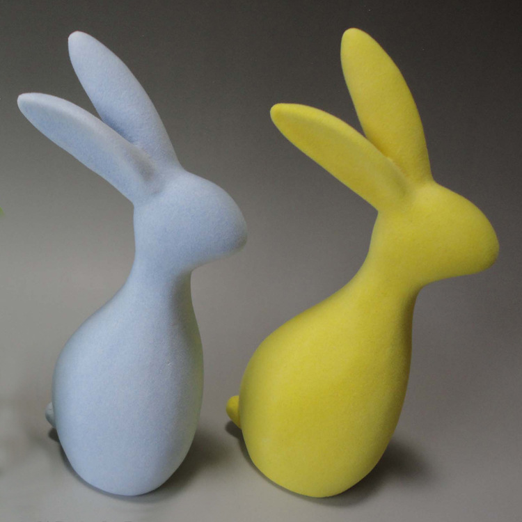 Green Ceramic Flocking Rabbit Figurine Ceramic Flocked Rabbit 