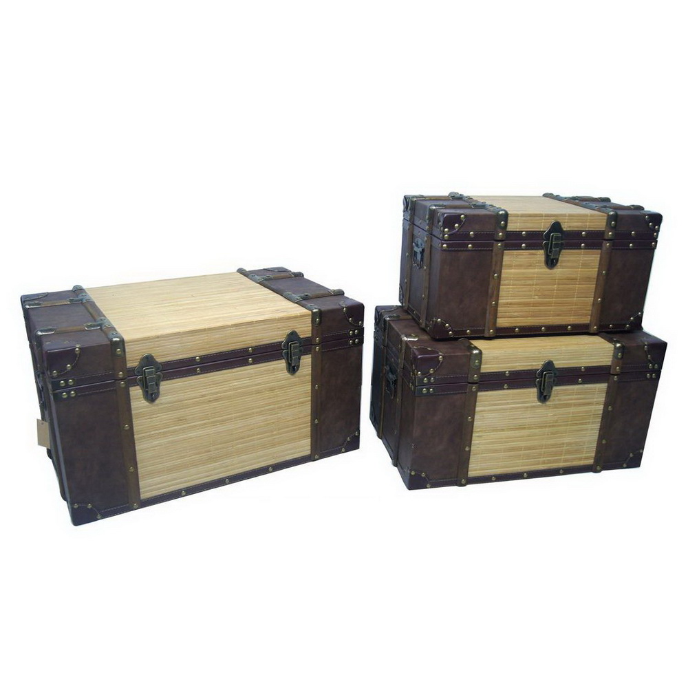 Canvas Surface with Decorative Leather Belts MDF Wooden Storage Chest Trunk
