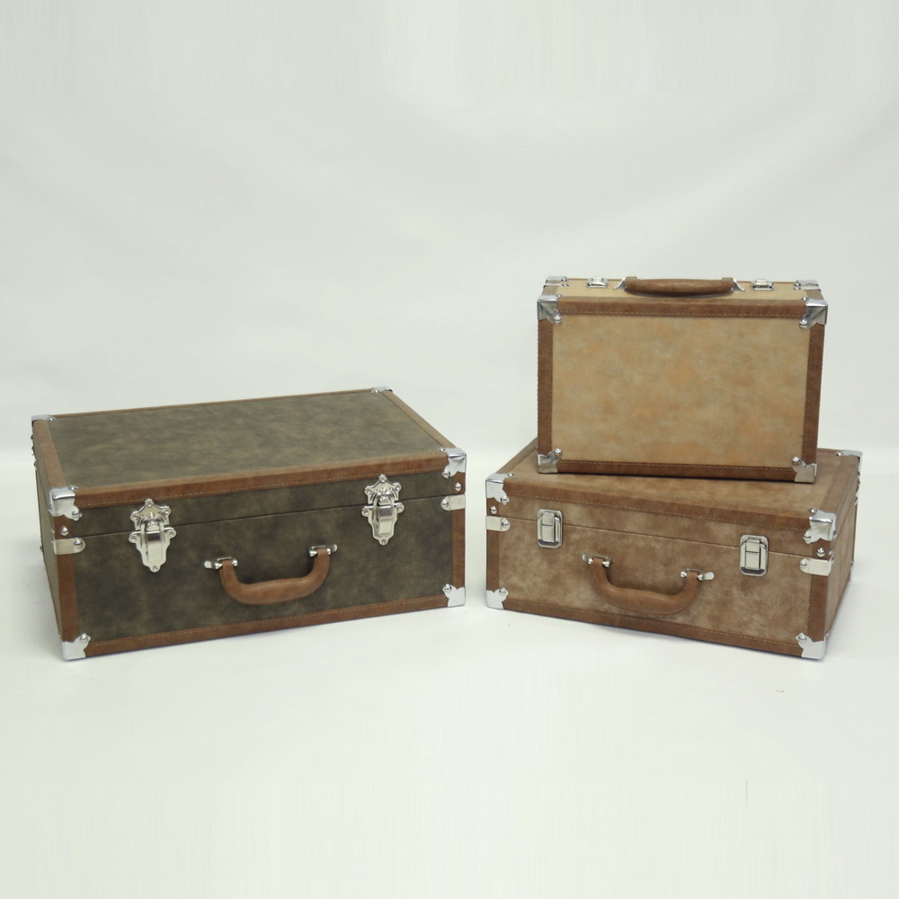 Custom High Quality Faux Leather Decorative Vintage Suitcase Wood Frame Travel Suitcase