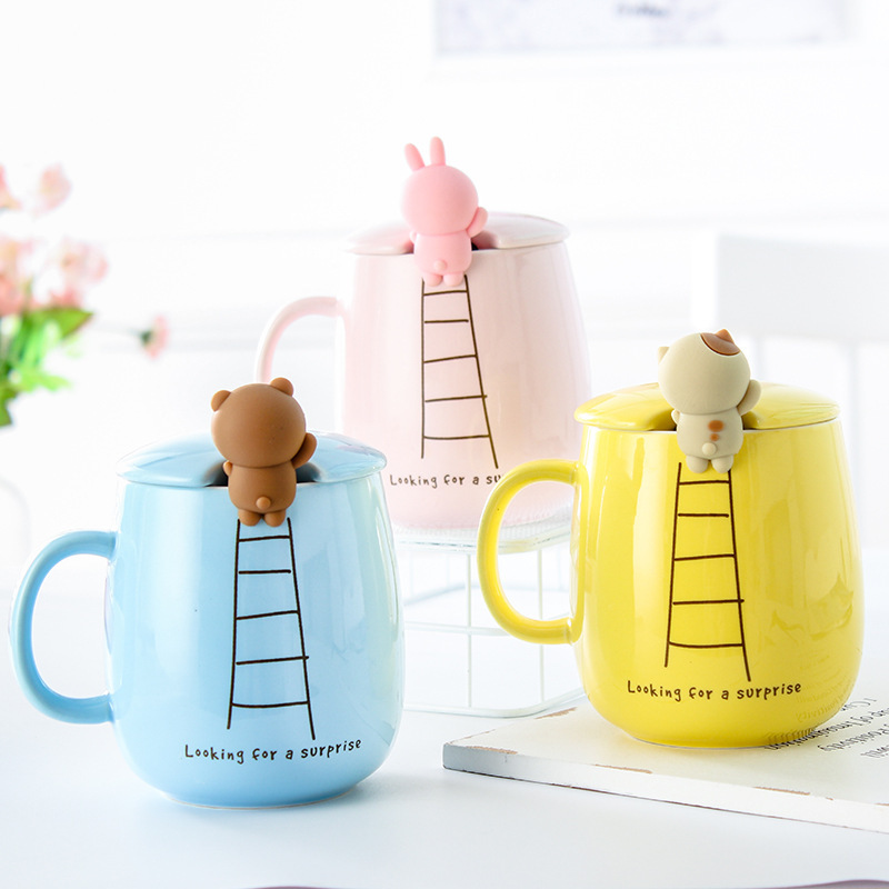 porcelain spoon ceramic cup cartoon plant mug with lid spoon coffee cup breakfast cup 