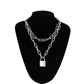 Double Layer Lock Chain Necklace Punk 90s Link Chain Silver Color