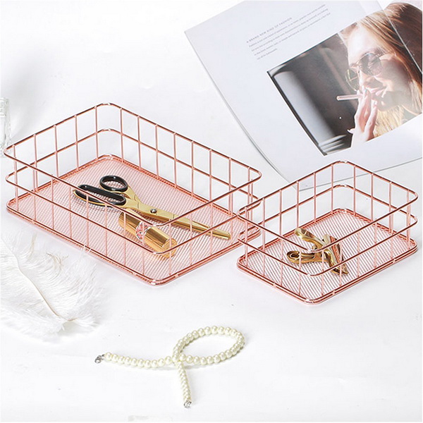 Copper Storage Basket Cosmetic Organizer Rose Gold Makeup Holder Metal Wire Basket
