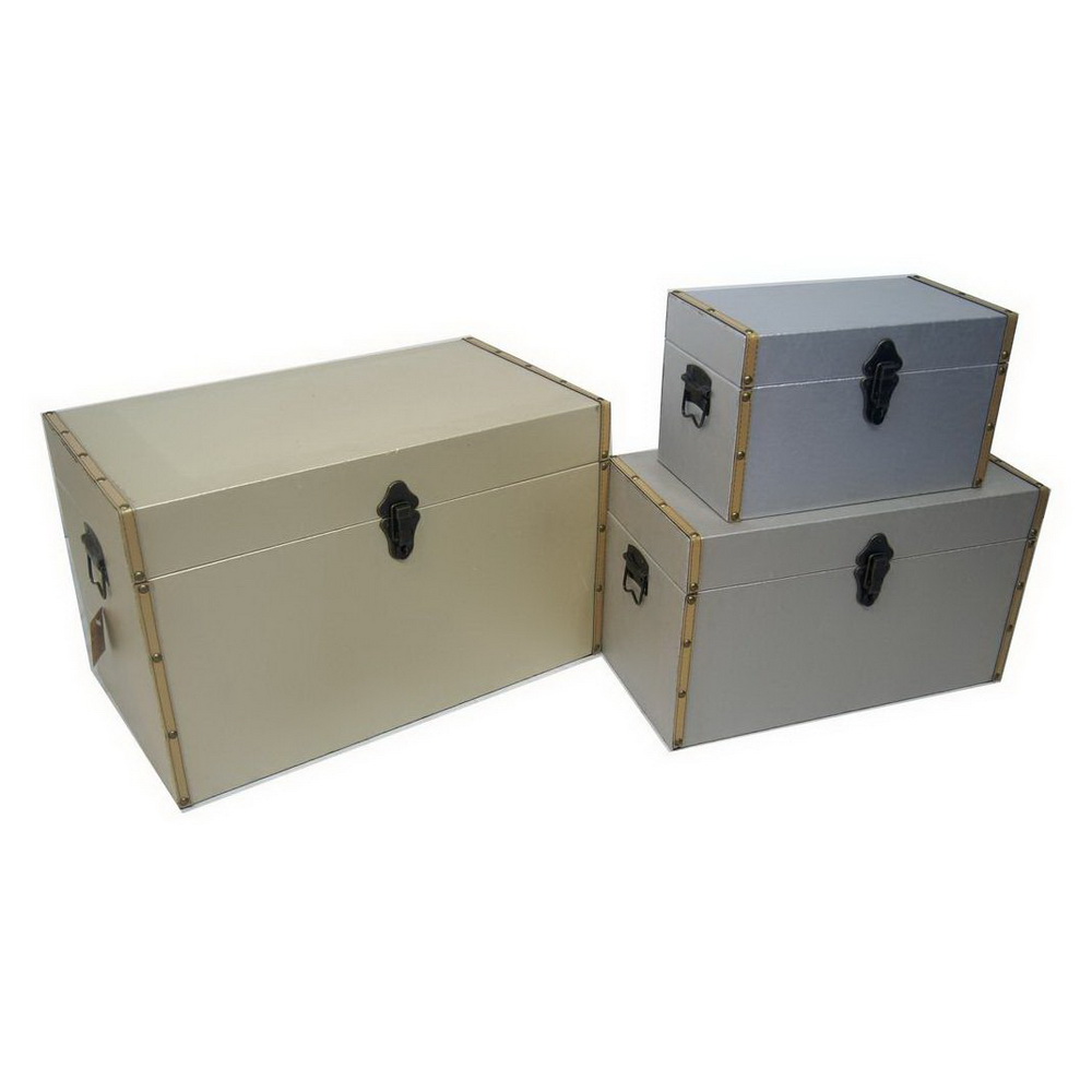 Canvas Surface with Decorative Leather Belts MDF Wooden Storage Chest Trunk